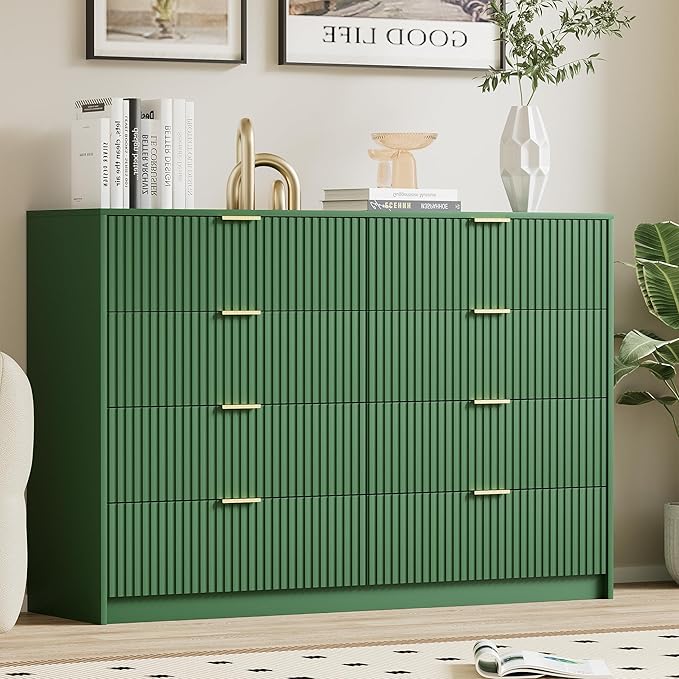 Furniway Green Dresser Bedroom Set 3 Pieces, Nightstands Sets of 2, 8 Drawer Dresser with Gold Handles for Bedroom