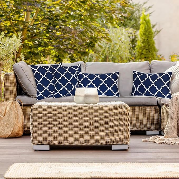 JMGBird Water-Resistant Outdoor Pillows Set of 2, 12x20 inch Durable Navy Blue Grid Pattern Throw Pillows with Inserts for Patio Furniture