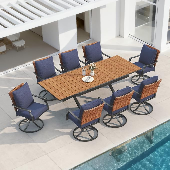 Grand patio 9-Piece Outdoor Dining Set, 8 Leather-Look Wicker Blue Swivel Patio Chairs & 1 Extendable Rectangular Dining Table, Brown by GrandPatio