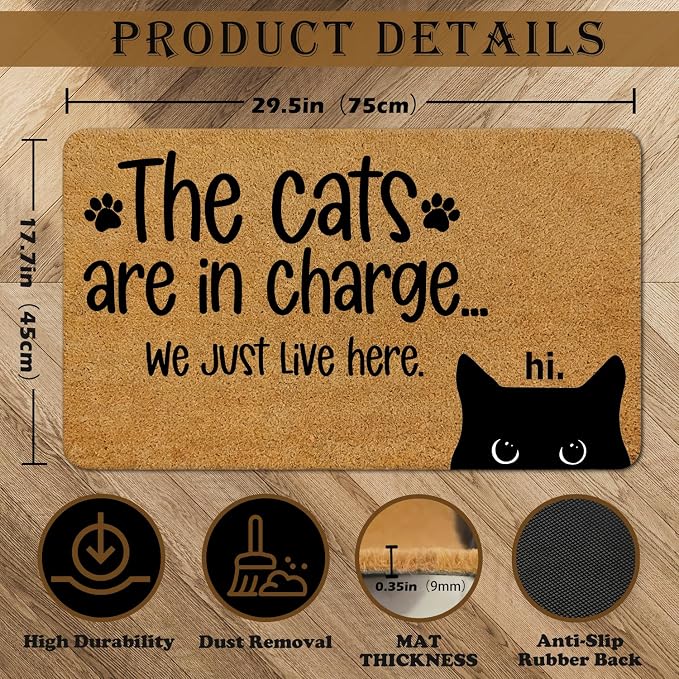 Funny Black Cat Faux Coir Door Mat Doormat for Front Door Indoor Outdoor Porch Entrance Entryway Outside Inside, The Cats are in Charge We Just Live Here Black Cat Welcome Mat, 17x30 Inches - Image 3