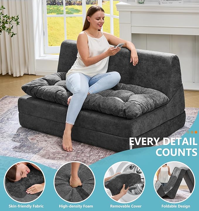 Hobestluk Sofa Couch Folding Sofa Bed Sleeper Comfy Floor Lounger Loveseat Sofa with Removable Cushion Couches Foldable Mattress for Living Room Bedroom or Office (Chenille Grey, Oversize)