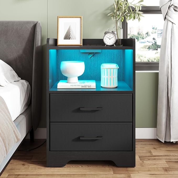 DICTAC Nightstands Set 2, LED Nightstand with Charging Station, End Side Table with USB Port, Bedside Table with 2 Fabric Drawers and Open Compartment for Bedroom, Black - Image 6