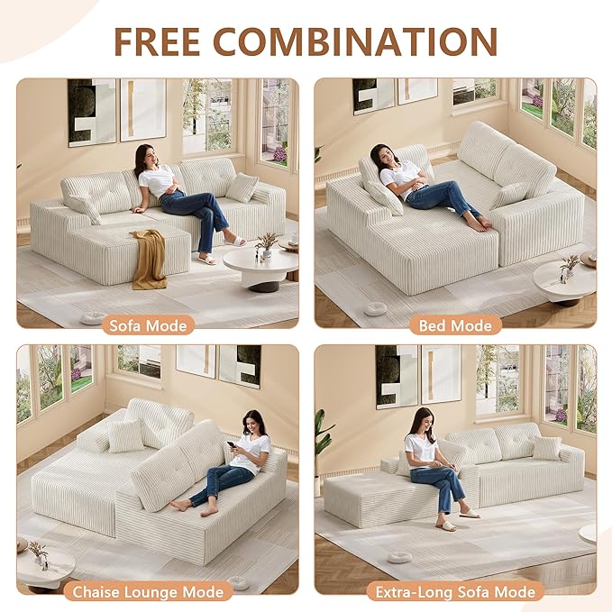 Ball & Cast 106" Cloud Modular Sectional Sofa, Boneless Corduroy Couch with Deep Seat, Comfy L-Shaped Sectional, Modern Upholstered Sofa for Living Room, No Assembly (Beige, Left Facing Chaise)