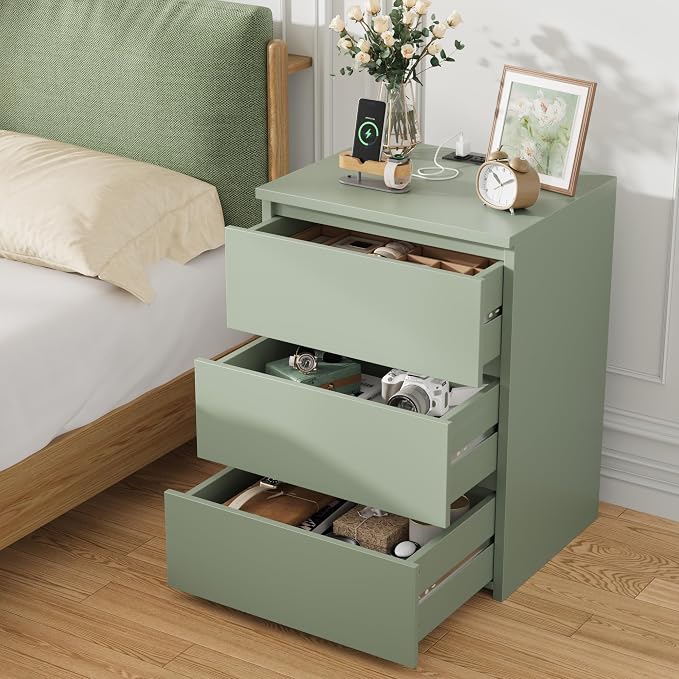 FOTOSOK Nightstand Set of 2, 26" H Night Stand with Charging Station, Nightstand Set 2 with USB Ports & Power Outlets, Silent Slides, Wooden End Side Table Bedside Table for Bedroom, Green - Image 5