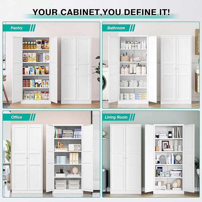 SISESOL 71" Tall Pantry Cabinet with 2 Doors and 5 Shelves,Kitchen Pantry Storage Cabinets,White Metal Storage Cabinet,Wide Deep Food Cupboard for Home,Kitchen,Dining/Living Room
