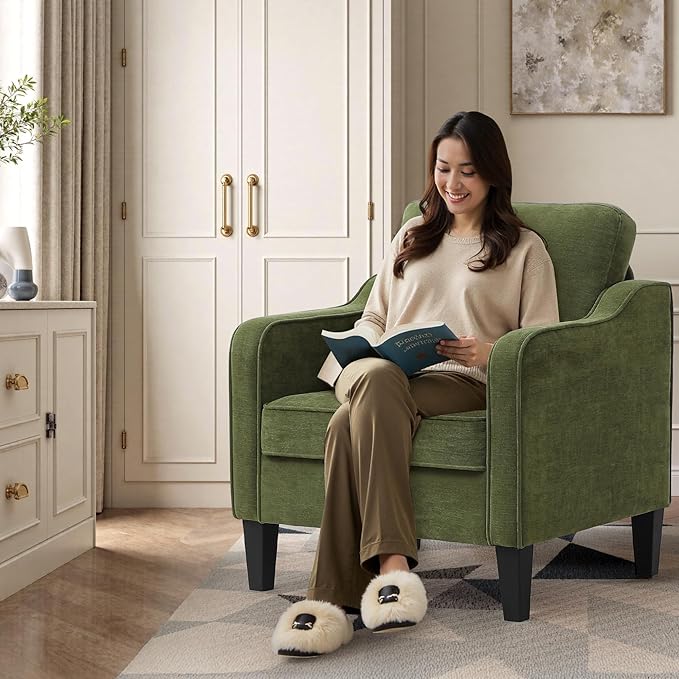 Accent Chairs Set of 2, Upholstered Living Room Chairs with Side Pocket, Mid Century Modern Reading Chair for Bedroom, Comfy Armchair Single Sofa Side Chair for Office, Small Room, Olive Green