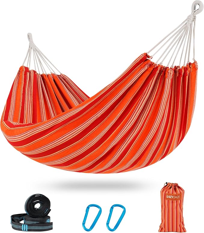 Lazy Daze Hammocks Double Brazilian Cotton Hammock, Extra Large Portable Outdoor Camping Hammock with Tree Straps & Travel Bag for Backyard Patio Poolside Indoor, 550lbs Capacity, Red Stripe by LazyDazeHammocks