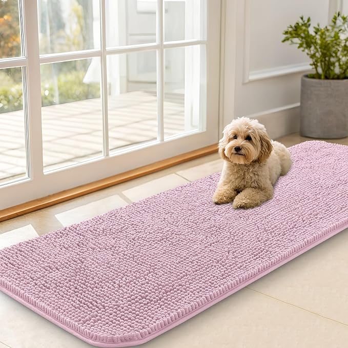OLANLY Dog Door Mat for Muddy Paws 59x20, Absorbs Moisture and Dirt, Absorbent Non-Slip Washable Doormat, Quick Dry Chenille Mud Mat for Dogs, Entry Indoor Entryway Carpet for Inside Floor, Dusty Rose by OLANLY