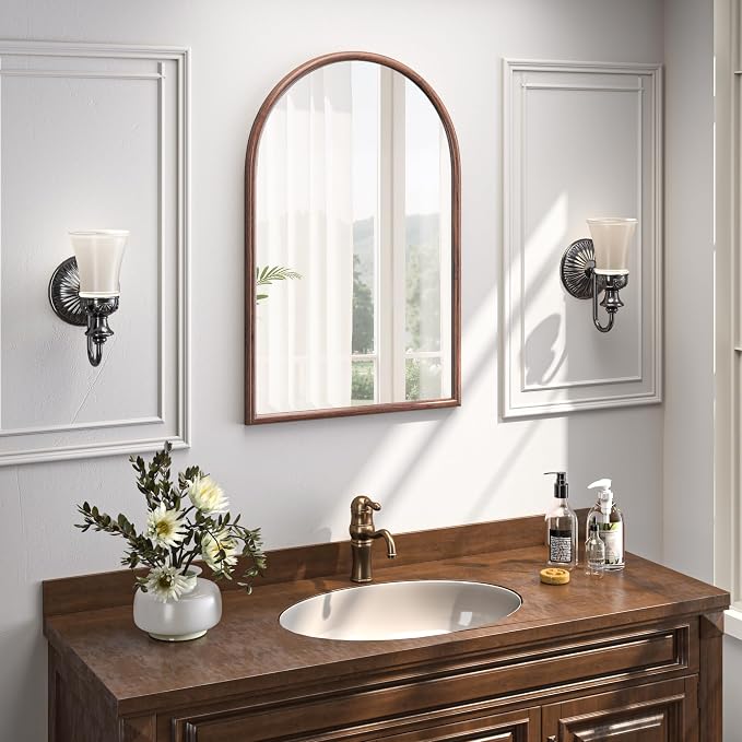 24"x36" Arch Wall Mirror for Wall, Wall Mounted Vanity Mirror for Bedroom, Wood Grain Finish Frame Mirror with Tempered Glass, Vintage Decorative for Bathroom, Entryway, Living Room, Walnut - Image 7