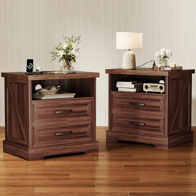 AODK 24 Inch Farmhouse Nightstand Set of 2, Bedside Tables with Charging Station, Wood End Tables with 2 Drawers and Open Shelf, Rustic Bed Side Table for Bedroom & Living Room, Dark Walnut by AODK