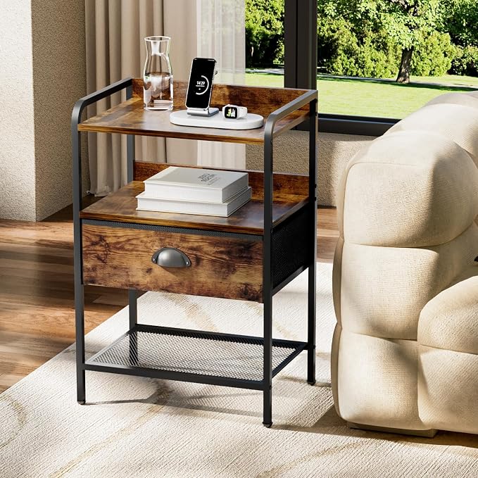 Nightstand with 1 Fabric Drawer, Side Table with Open Mesh Shelf, Bedroom Bedside Table with Storage, Fabric Drawer Dresser, Wood Top, Couch Side, Rustic Brown - Image 2