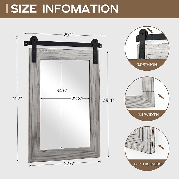 COGOOD Farmhouse Bathroom Mirror - 42 x 29 Rustic Barn Door Style Mirror for Living Room, Entryway, Vanity Wall Decor (Grey) - Image 5