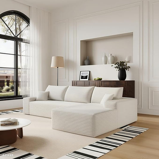 107" Oversized White Cloud L Shaped Sofa - Plush Corduroy Big Couch for Living Room Bedroom Apartment, Right Facing Chaise, No Assembly Required