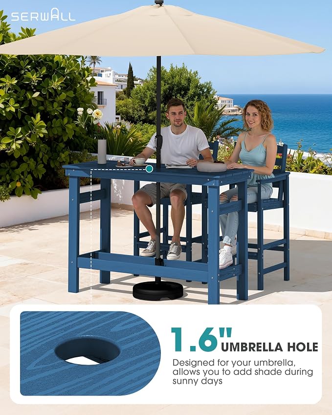 SERWALL Outdoor Bar Set - 4 Adirondack Bar Chairs & Bar Height Table with 1.6" Umbrella Hole, All-Weather HDPE Patio Furniture for Poolside, Backyard, Garden - Blue - Image 2