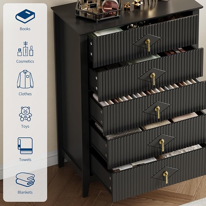 GarveeHome Fluted Dresser for Bedroom, 42.9" Tall 5-Drawer Wood Dresser, Modern Chest of Drawers, Storage Organizer Cabinet for Living Room, Hallway, Entryway, Black - Image 3