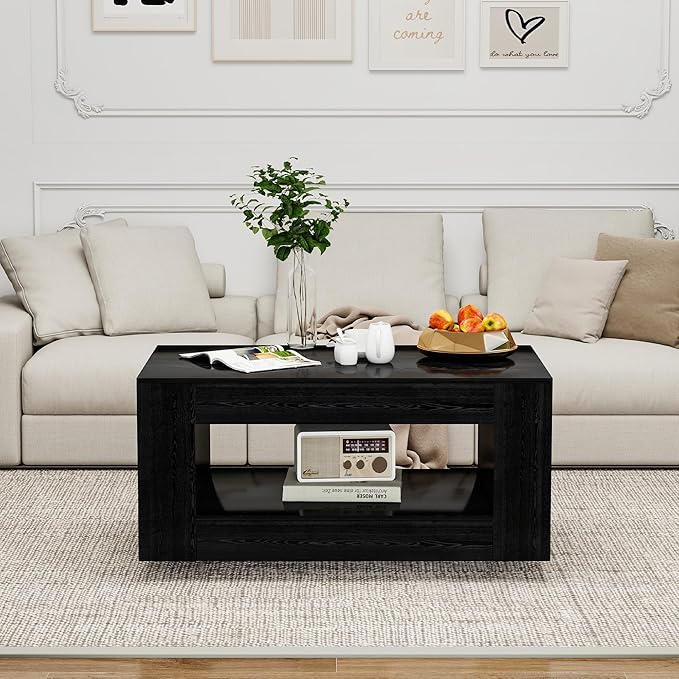 39" Wood Coffee Table for Living Room, Sides Storage with Transparent Legs, Minimalist Modern 2-Tier Storage Shelf Center Table for Home Office, Apartment, Black