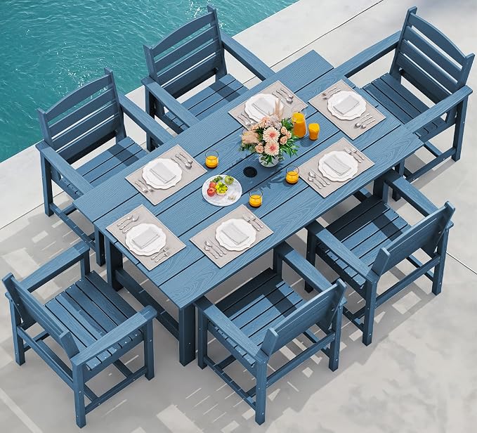 SERWALL 7-Piece Patio Dining Table Sets, Outdoor HDPE Dining Furniture Set with Umbrella Hole Cut-Out Table and 6 Chairs, Blue by SERWALL