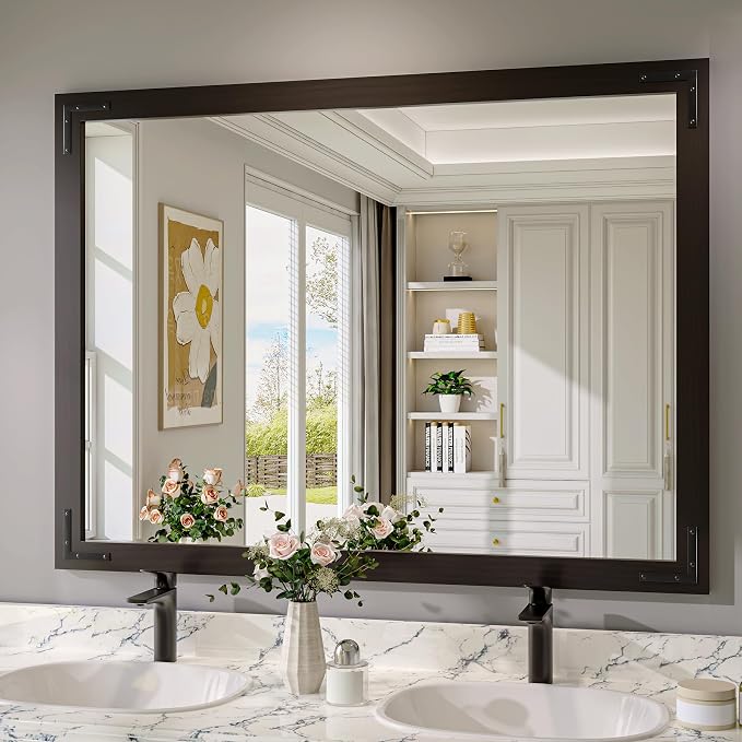 Black Farmhouse Bathroom Mirror, 48x36 Inch Black Wooded Framed Vanity Mirror for Wall, Rectangular Rustic Wall Decor Mirrors for Entryway Living Room Bedroom by JIINGYO