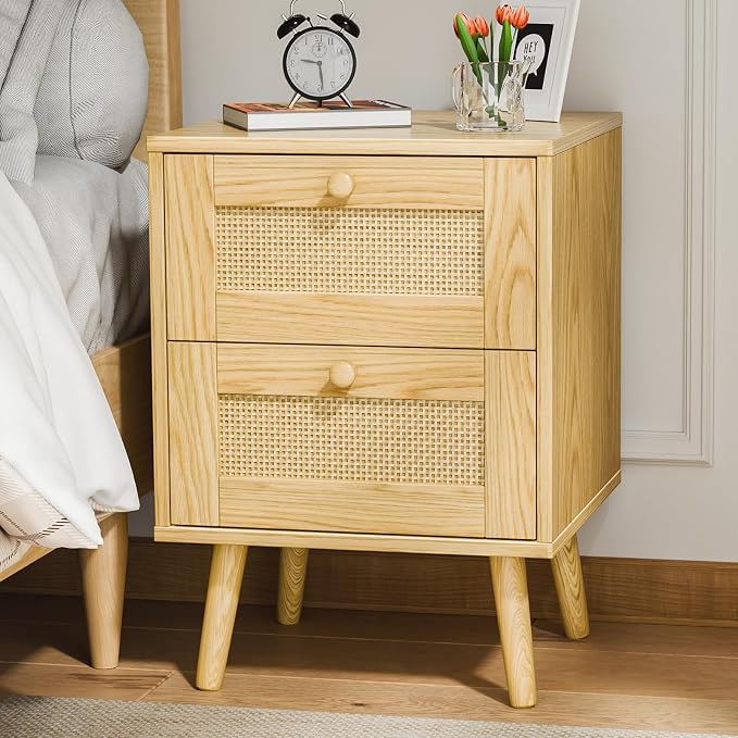Rattan Nightstand, End Table, Dresser for Bedroom, Side Table with 2 Hand Made Rattan Decorated Drawers, Wood Night Stand Beside Table with Storage for Bedroom, Dorm, Natural, 1 Pack by INFURNICHomeFurniture