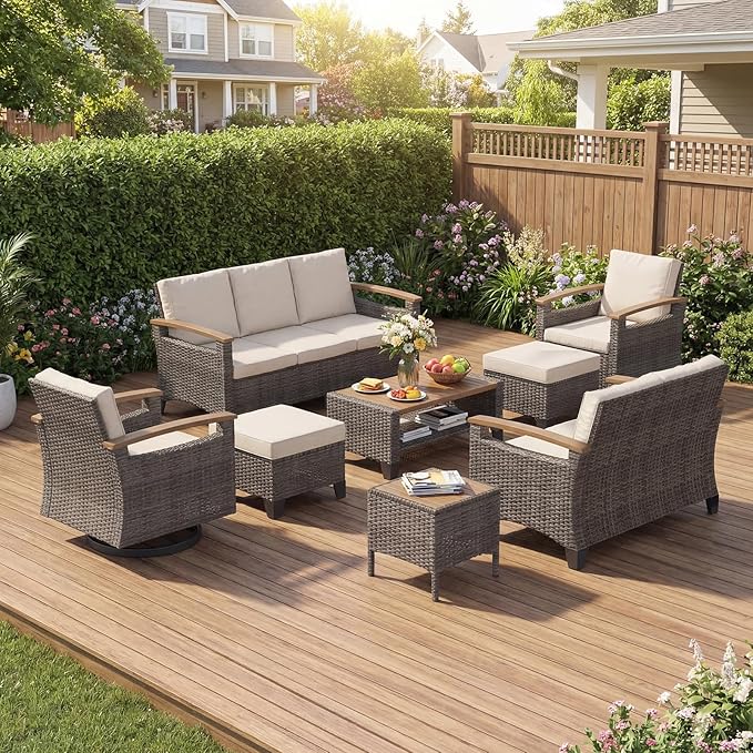 MELLCOM 8 Piece Patio Furniture Set, Wicker Patio Conversation Set with Swivel Glider, Loveseat Sofa, 3 Seat Sofa, 2 Ottomans, Side Table and Coffee Table for Deck Backyard - Brown Wicker Grey Cushion