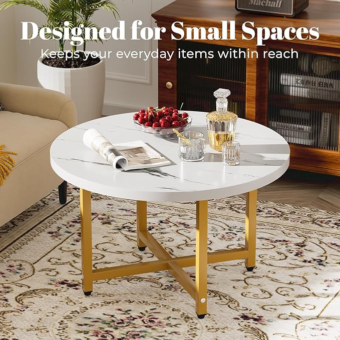 Round Coffee Table, Small Coffee Tables for Living Room, Wood Coffee Table with Metal Frame, Floor Table Desk for Sitting on The Floor, Home, Office, Farmhouse, White & Gold (23.6"D x 17.7"H)