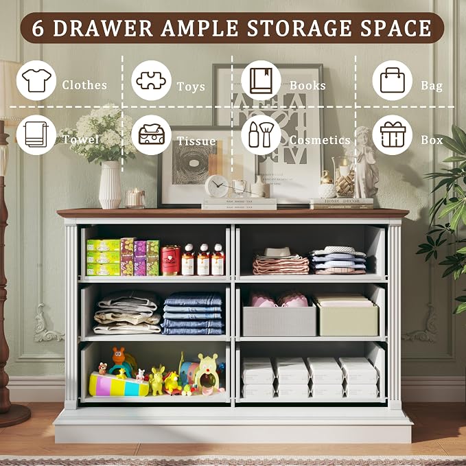 HUAHUU Farmhouse 6 Drawer Dresser for Bedroom, 47" Wide Chest of Drawers with Roman Column, White Wood Dresser with Antique Bronze Circle Handles, Storage Organizer for Living Room, Hallway, Entryway - Image 4