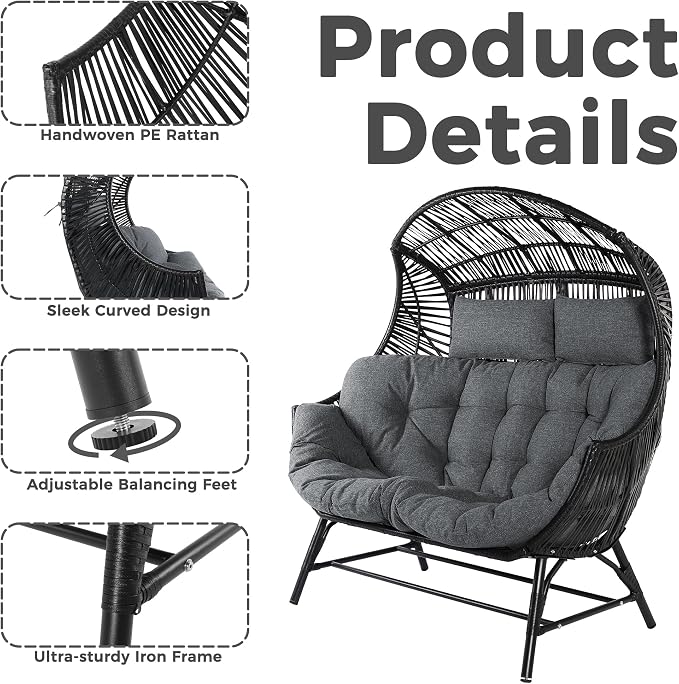 IRONCK Egg Chair Outdoor, Double Wicker Egg Lounge Chair, Upgraded Feet, Handrest and Padded Cushion, 700Lbs, Oversized Loveseat for Backyard, Patio, Living Room, Gray - Image 4