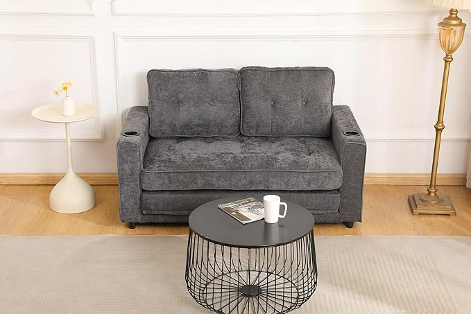 ERYE Foldable Loveseat Sofa Convertible Pull Out Sleeper Sofabed,2 Seat Tufted Upholstered Sofa Modern Convertible Sleeper Couch Bed with Cupholders and Side Pockets