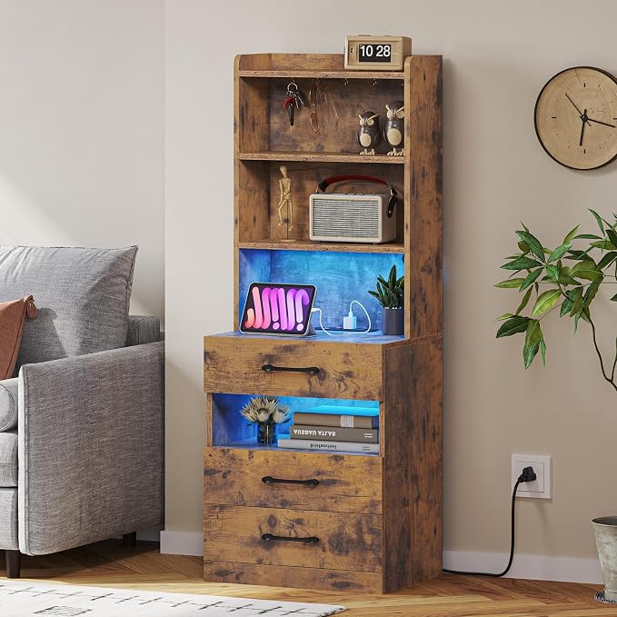 VIAGDO Tall Nightstand with Charging Station and LED Lights, Rustic Brown Night Stand with Bookshelf, Modern LED Bedside Table with 3 Drawers and Storage Shelves, End Side Table for Bedrooms, Dorms - Image 9