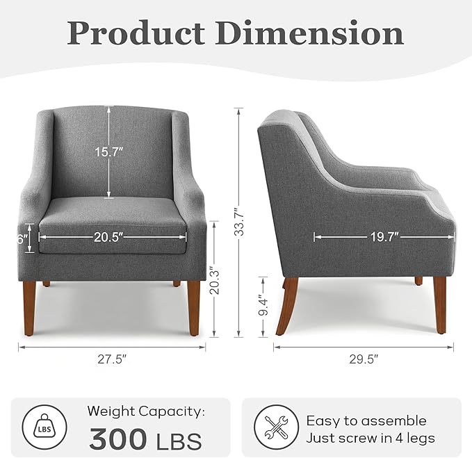 Accent Chair for Living Room,No Assembly Upholstered Mid Century Modern Comfy Tufted Armchairs with Wooden Legs,Sofa Chairs for Bedroom, Reading Waiting Room Apartment Grey