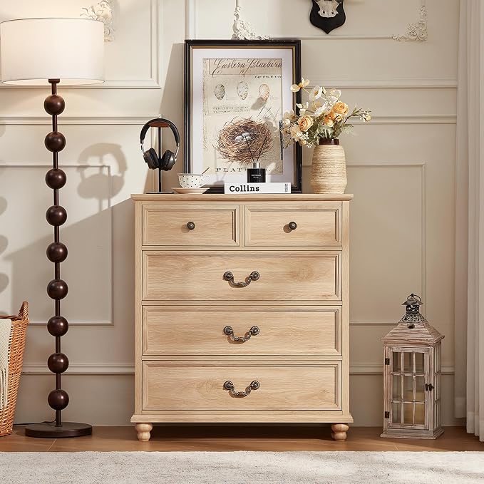 Joaxswe Farmhouse 5 Drawer Dresser for Bedroom, 35" Tall Rustic Chests of Drawers w/ 4 Solid Wood Feet, Mid Century Modern Wooden Closet Storage Dressers Organizer for Living Room, Hallway,Natural - Image 8