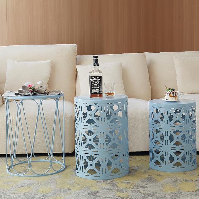 Y&M Set of 3 Heavy-Duty Round End Table, Side Table, Coffee Table for Indoor Multifunctional Use, Outdoor Decorative Garden Stool Plant Stand-Blue - Image 8