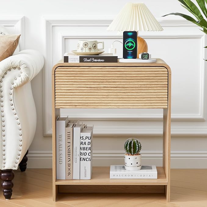 XUZENEST Fluted Nightstand with Charging Station, Mid Century Modern Bed Side Table End Table with Drawer Storage, Large Wooden Night Stands Bedside for Bedroom Living Room Sofa Office, Natural - Image 3