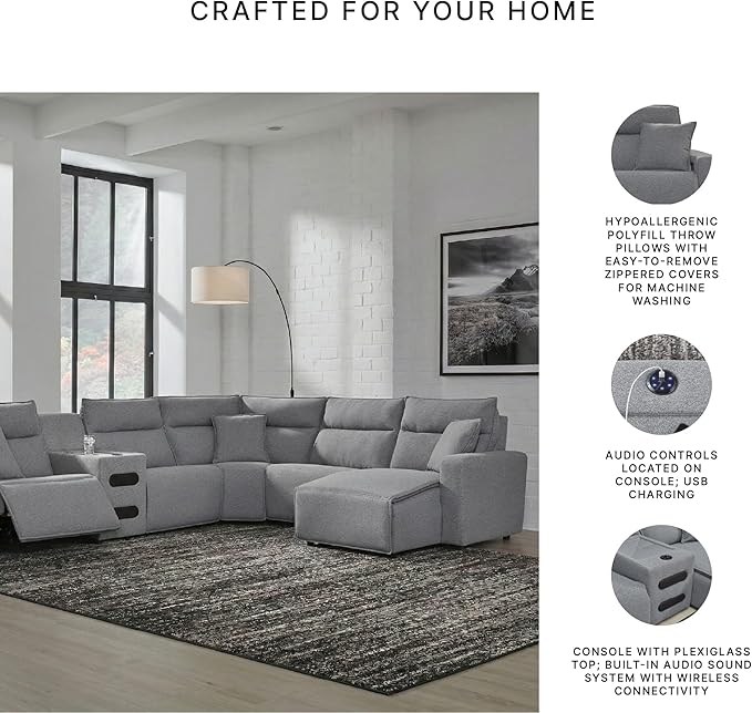 Signature Design by Ashley ModMax II Stain Resistant Contemporary U-Shaped 6-Piece Power Reclining Sectional Chaise and Audio Console, Adjustable Headrest, USB Ports, Storage and Cup Holders, Gray