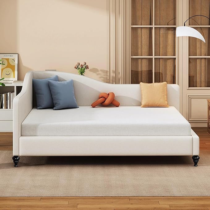 Merax Full Size Bed Frame daybed, L-Shaped Linen Daybed Corner Sofa with Solid Wood Legs for Living Room, Guest Room, No Box Spring Needed, Beige