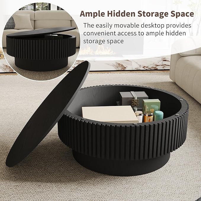 Round Coffee Table with Storage, Modern Fluted Wood Coffee Tables with Sturdy Base, 31.5" Drum Circle Center Tea Table for Living Room Apartment, Easy Assemble - Black