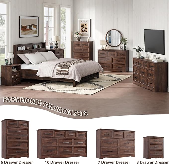 Bedroom Set, 3 Pieces Bedroom Furniture Set, Wood 6 Drawer Dresser and Nightstands with Charging Station, Farmhouse Storage Organizer Cabinet for Bedroom, Walnut