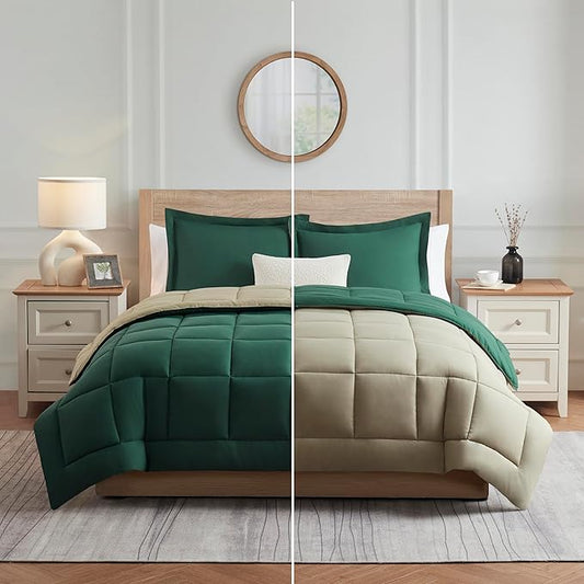 Nestl 3 Piece Quilted Down Alternative Comforter Full Size with 2 Pillow Shams, All Season Green/Light Green Duvet Inserts, Full Comforter with Corner Tabs