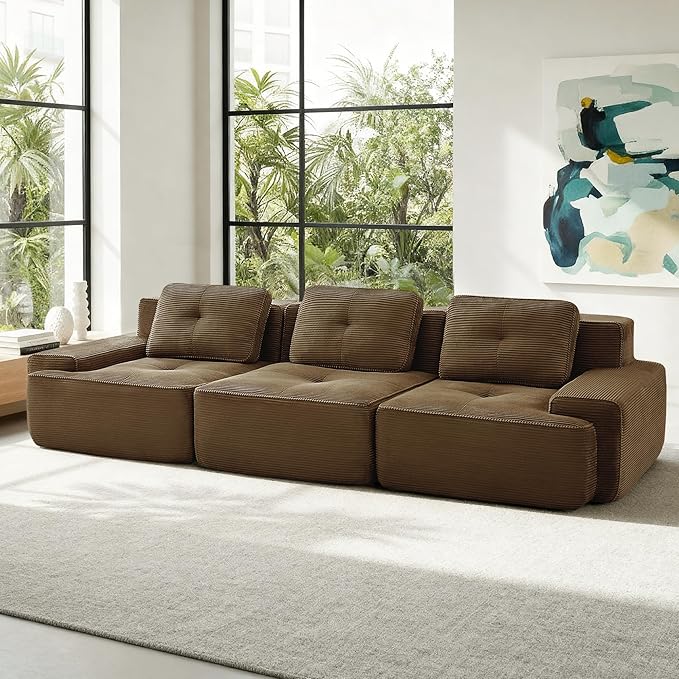 Casaphoria 115'' Brown Corduroy Sofa, Boneless Sectional Couch with 3 Pillows for Modern Living Room, Deep Seat Sofa No Assembly Modular Cloud Couch