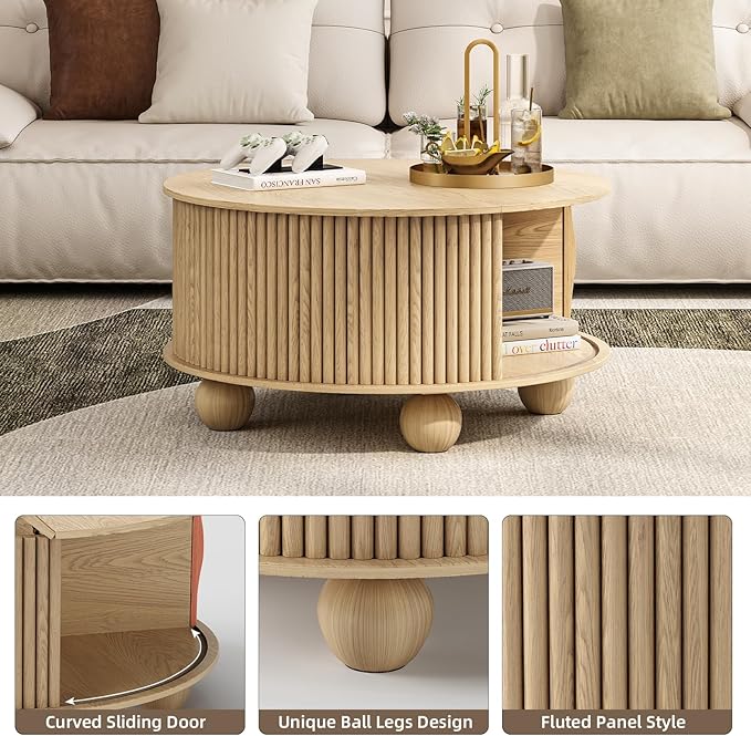 Round Coffee Table with Storage, 31.5" Mid Century Modern Coffee Table with Sliding Door & Bun Feet, Minimalist Fluted Center Table for Living Room, Home Small Space, Oak