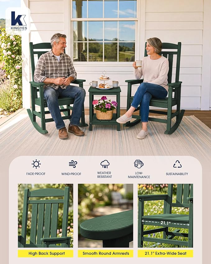 KINGYES Oversized HDPE Outdoor Rocking Chair, All-Weather Patio Rocking Chair, Weather Resistant Porch Rocker for Adults, Dark Green - Image 5