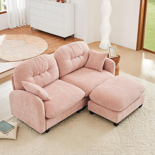 KEIKI 74" L-Shaped Oversized Chenille Modular Sectional Loveseat Sofa with 1 Ottoman, High-Density Foam Cushions, Tufted Pleated Cushion Backrest, 2-Seater Couch with 2 Pillow, for Living Room, Pink