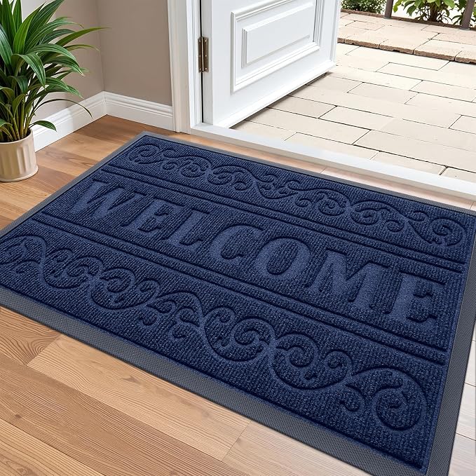 OLANLY Welcome Door Mat Indoor Outdoor Entrance, Heavy Duty Sturdy Front Door Mat, Waterproof All-Weather Doormat, Stain Resistant, Low Profile, Easy Clean Patio Entryway Mat, 36 x 24, Navy Blue by OLANLY