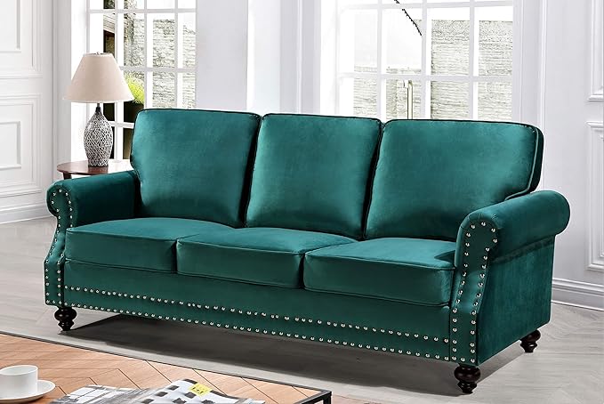 Lotus Mid Century Modern Velvet Upholstered Living Room Rolled Arms, Chair, Loveseat and Sofa, Green