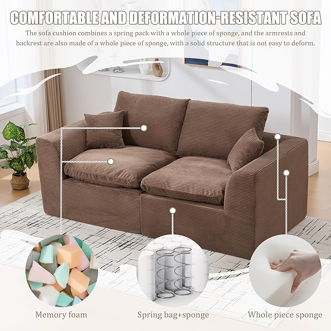 80.3" Cloud Loveseat Boneless Sofas for Living Room, 2 Seaters Modular Foam Cloud Sofa Couches, 2 Seat Compression Foam Couch with Toss Pillows, No Assembly Required