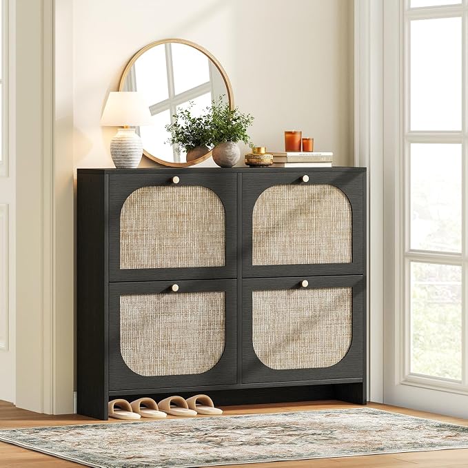 Nicetree Shoe Storage Cabinet for Entryway, Rattan Vintage Flip Shoe Rack- 4 Flip Drawers & 3-Tier Adjustable Shelves,Boho Shoe Organizer for 28-36 Pairs - Fits Size 12 Boots, 9.5" Ultra Slim by Nicetree