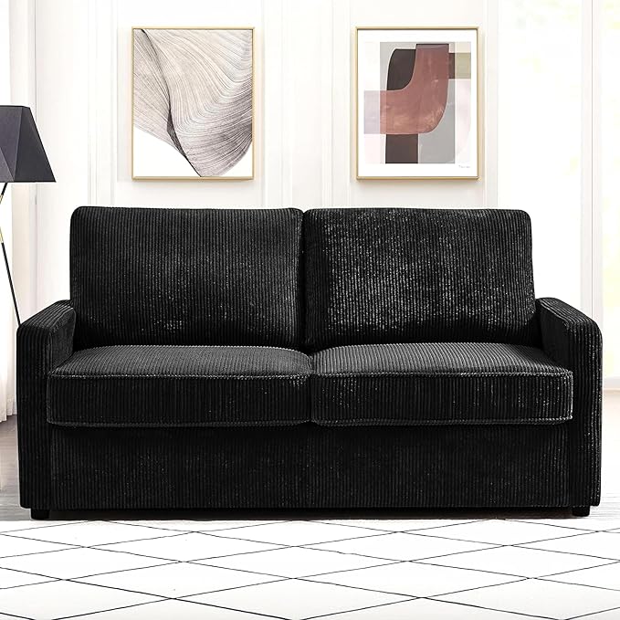 Reversible Sleeper Sofa Bed with Comfortable Memory Foam Mattress, Convertible Corduroy Full Size Pull Out Couch for Living Room, Space Saving Furniture, 70" Wide, Rectangular Arms, Black