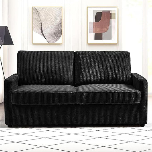 Reversible Sleeper Sofa Bed with Comfortable Memory Foam Mattress, Convertible Corduroy Full Size Pull Out Couch for Living Room, Space Saving Furniture, 70" Wide, Rectangular Arms, Black