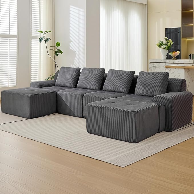 Modular Sectional Sofa, 6 Seat Modular Couch, Modular Sofa with Deep Seat and Detachable Pillow (Grey, 6 Pieces-U Shape)