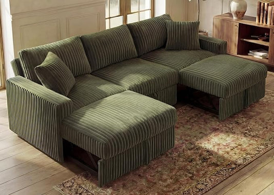 HONBAY 94.5 Inch Sectional Sofa, Modular L & U Shaped Pull Out Couch with Adjustable Backrest & Storage, Velvet Green
